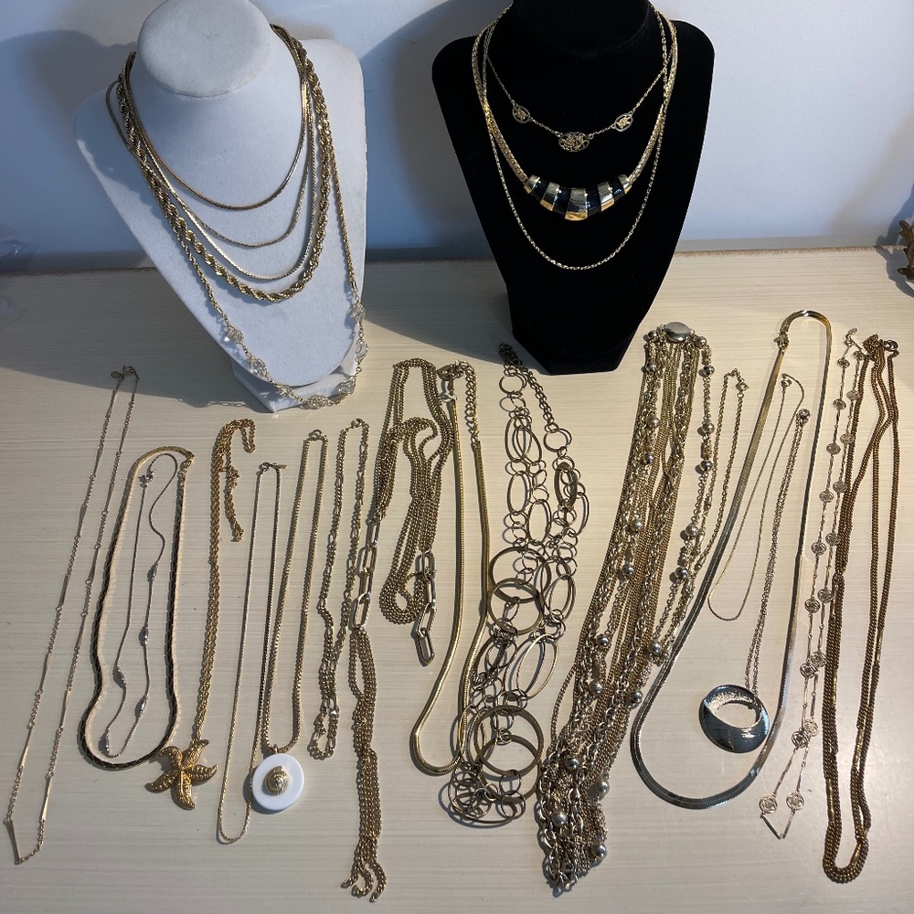 Large Collection of Gold Tone Necklaces- Avon, Monet, Napier, & NRT - 25 Total